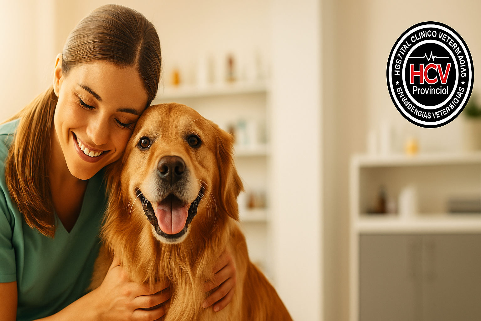 Veterinaria con perro feliz